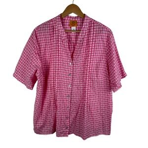 Ruby Rd Pink Gingham Textured Button Up Shirt Size 1X‎ Lightweight Preppy Cotton